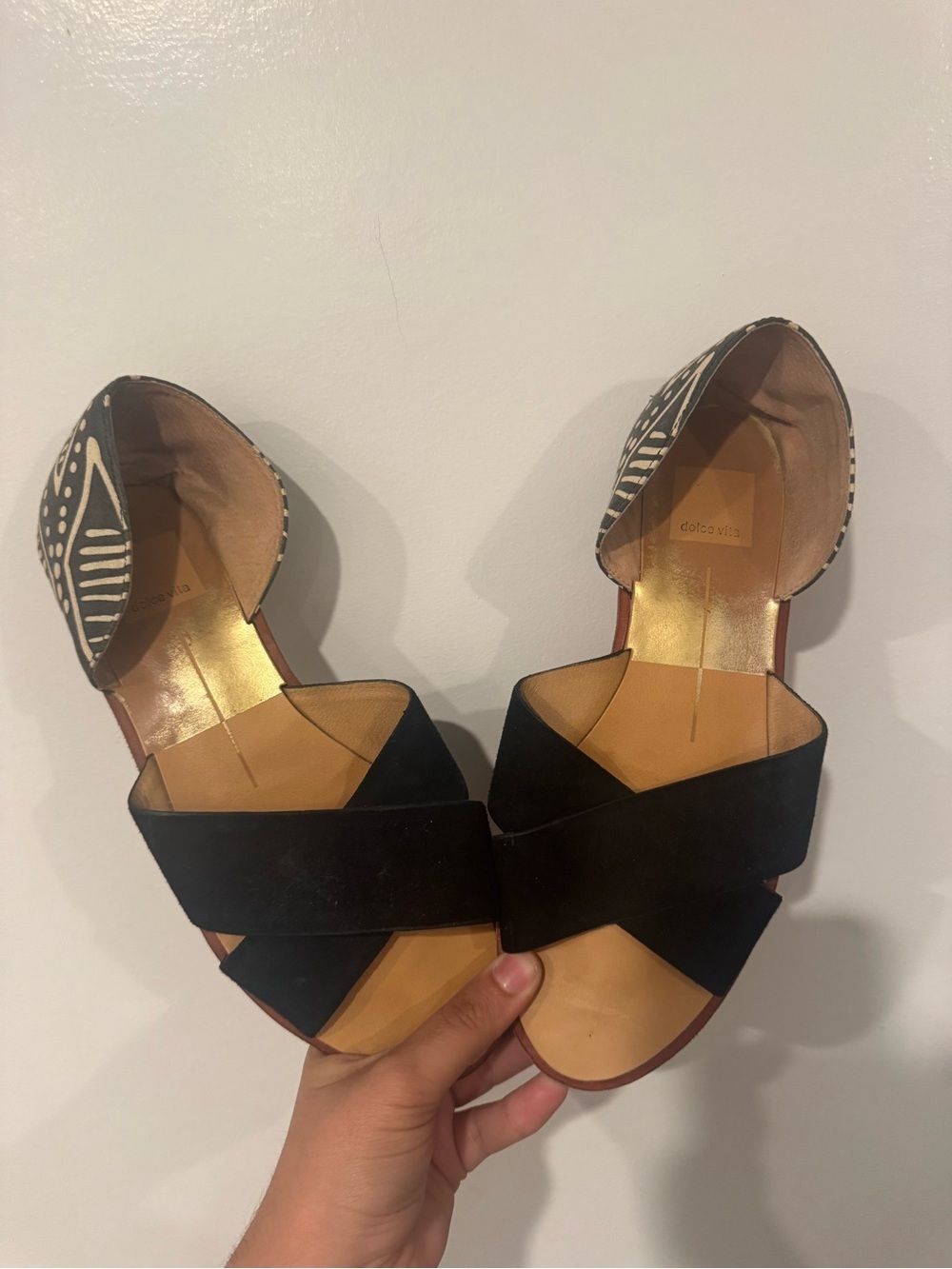 Dolce Vita Black Suede Cross-Strap Flats with Patterned Heel- size 8.5